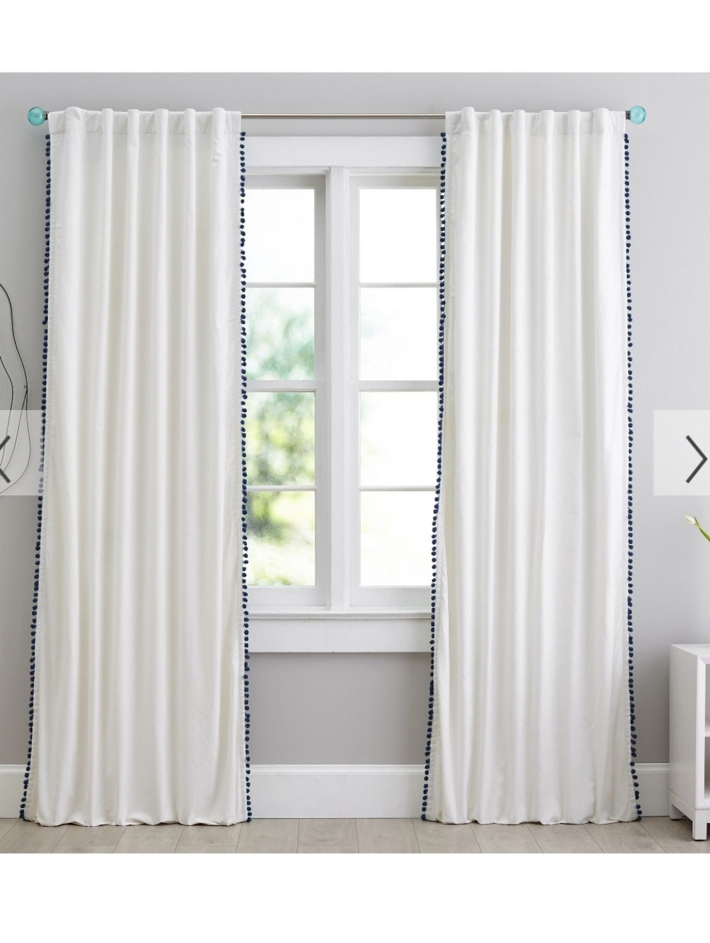 Potter Barn Cream Curtain Panel with Black Pom Trim -